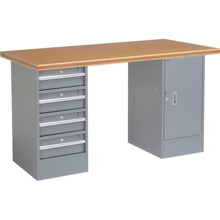 Global Industrial 60x30 Pedestal Workbench, 4 Drawers & 1 Cabinet, Shop Top Safety Edge Gray 300747